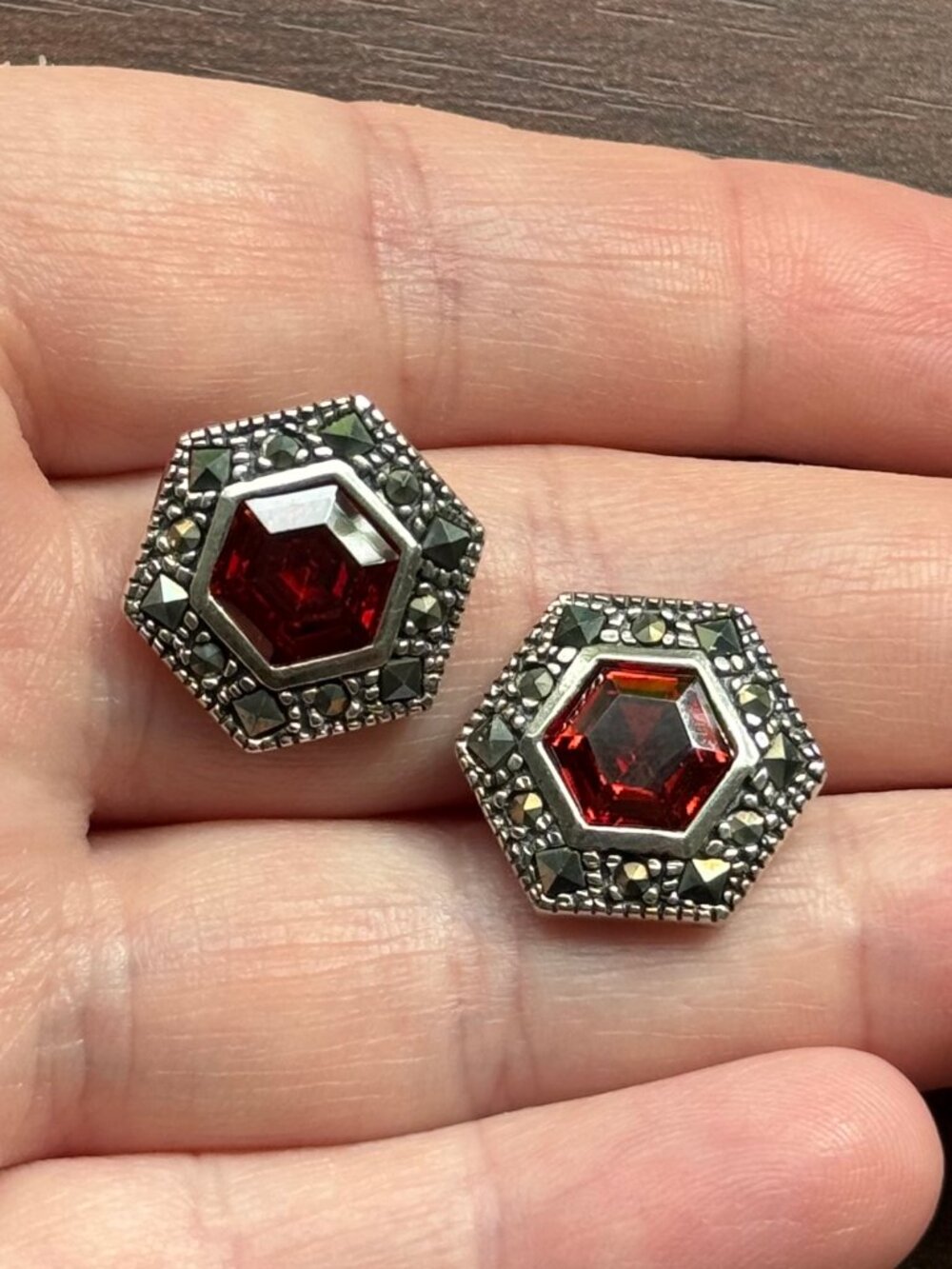 Vintage Sterling Silver Garnet and Marcasite Hexagon Stud Earrings